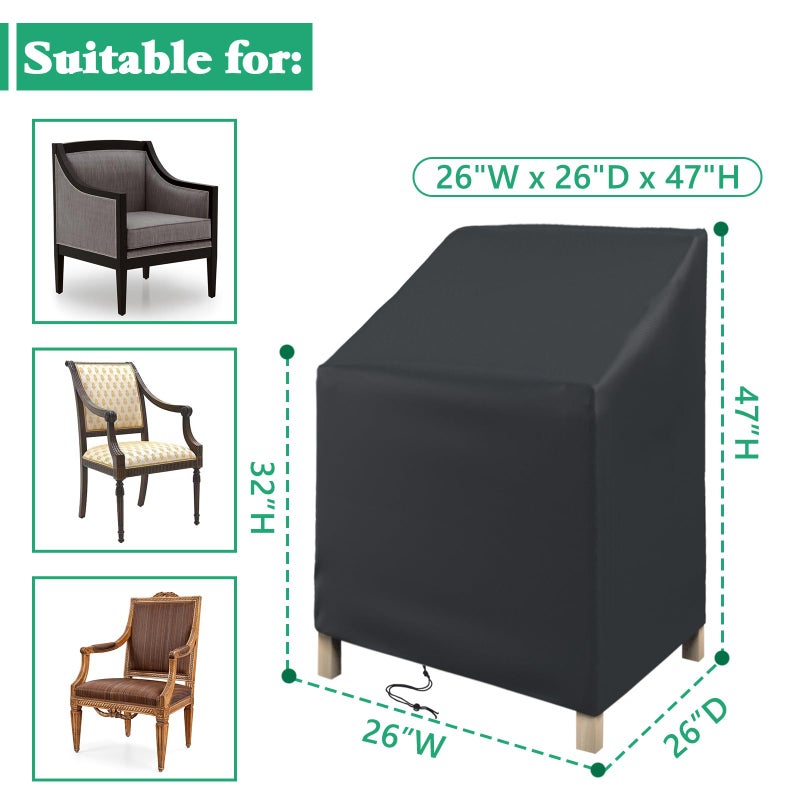 STARTWO Stackable Patio Chair Covers,Waterproof Outdoor Lawn Furniture Cover for for 4-6 Stackable Dining Chairs, 26""Lx26""Wx47""H,Black - Image 2